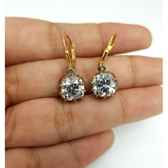 Old European Cut Drop Earrings 925 SS Handmade Simulated Diamond Estate Jewelry