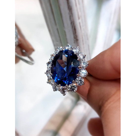 Princess Diana Inspired Engagement Ring Blue Oval 925 Sterling Silver CZ Jewelry