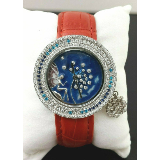 Women Wrist Watch Round Shape Blue Enamel Red 925 Sterling Silver Cubic Zirconia