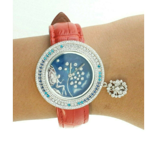 Women Wrist Watch Round Shape Blue Enamel Red 925 Sterling Silver Cubic Zirconia