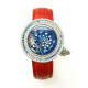 Women Wrist Watch Round Shape Blue Enamel Red 925 Sterling Silver Cubic Zirconia