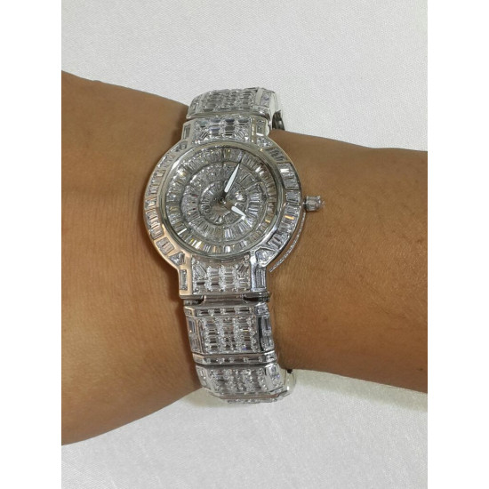 925 Sterling Silver Wristwatch Cubic Zirconia White Studded Baguette Jewelry